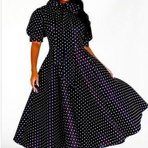 POLKADOT PRINT SHORT BUBBLE PUFF SLEEVENECK BOW FIT AND FLAIR MIDI DRESS POCKETS